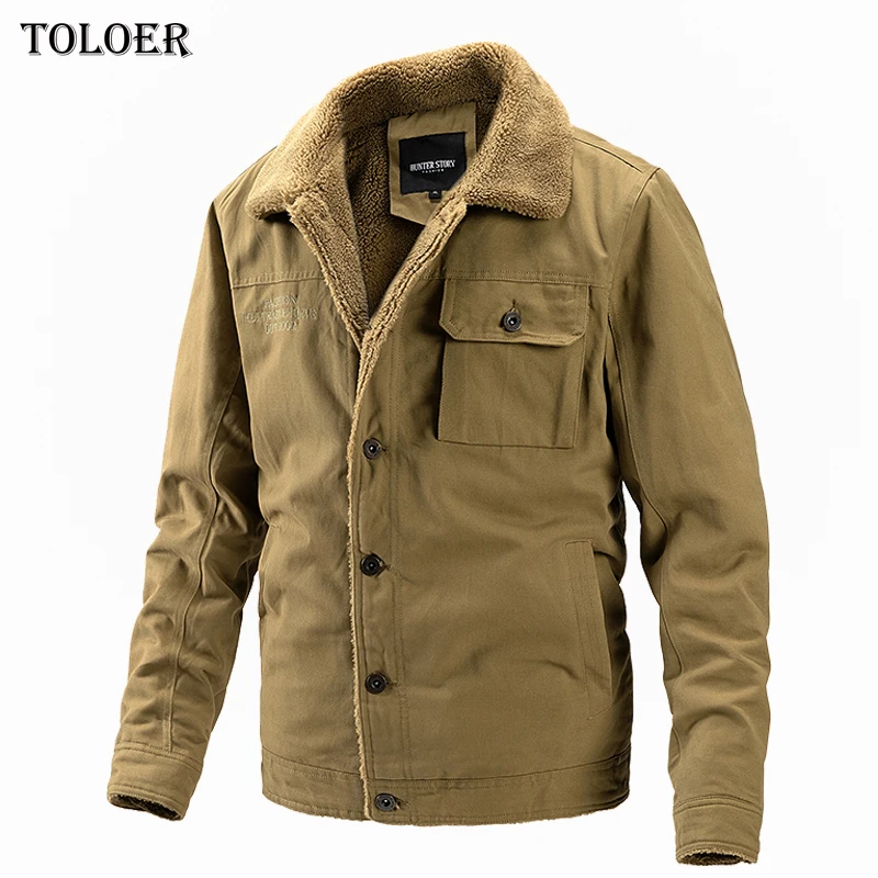 

Fleece Thick Mens Jackets Parka Coat Solid Color Single Breasted Pocket Laple Male Warm Jacket Men Winter Casual Cotton Coats