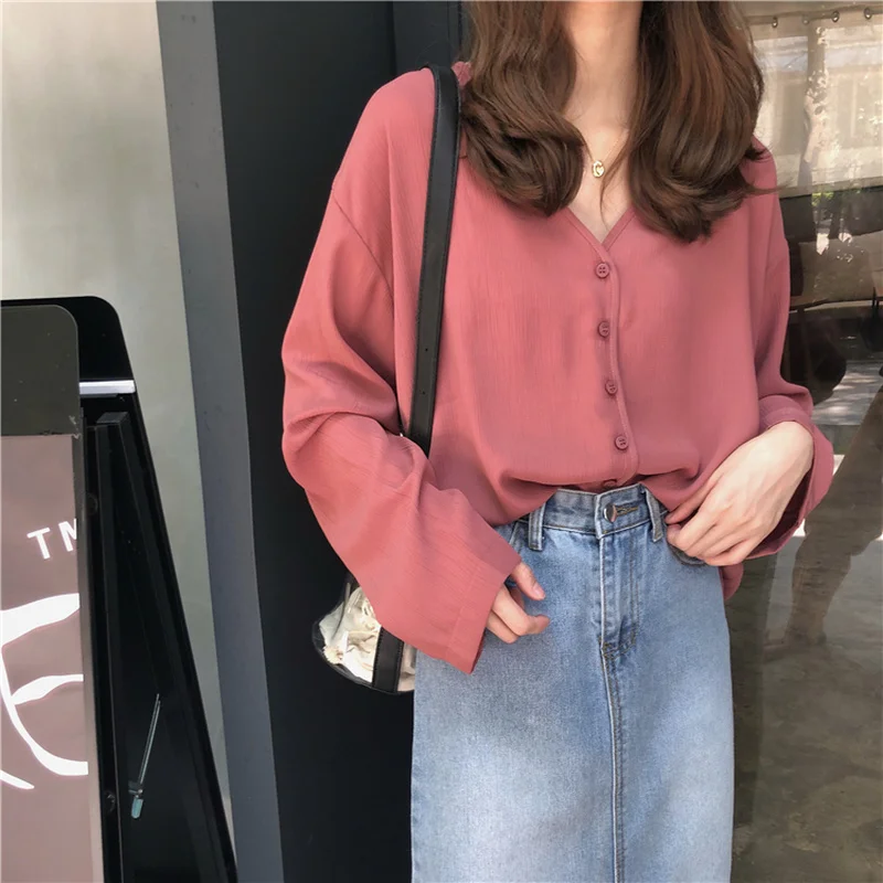 

Real Shot New Korean Version Loose V-neck And Versatile Temperament Commuter Casual Fashion Chiffon Shirt