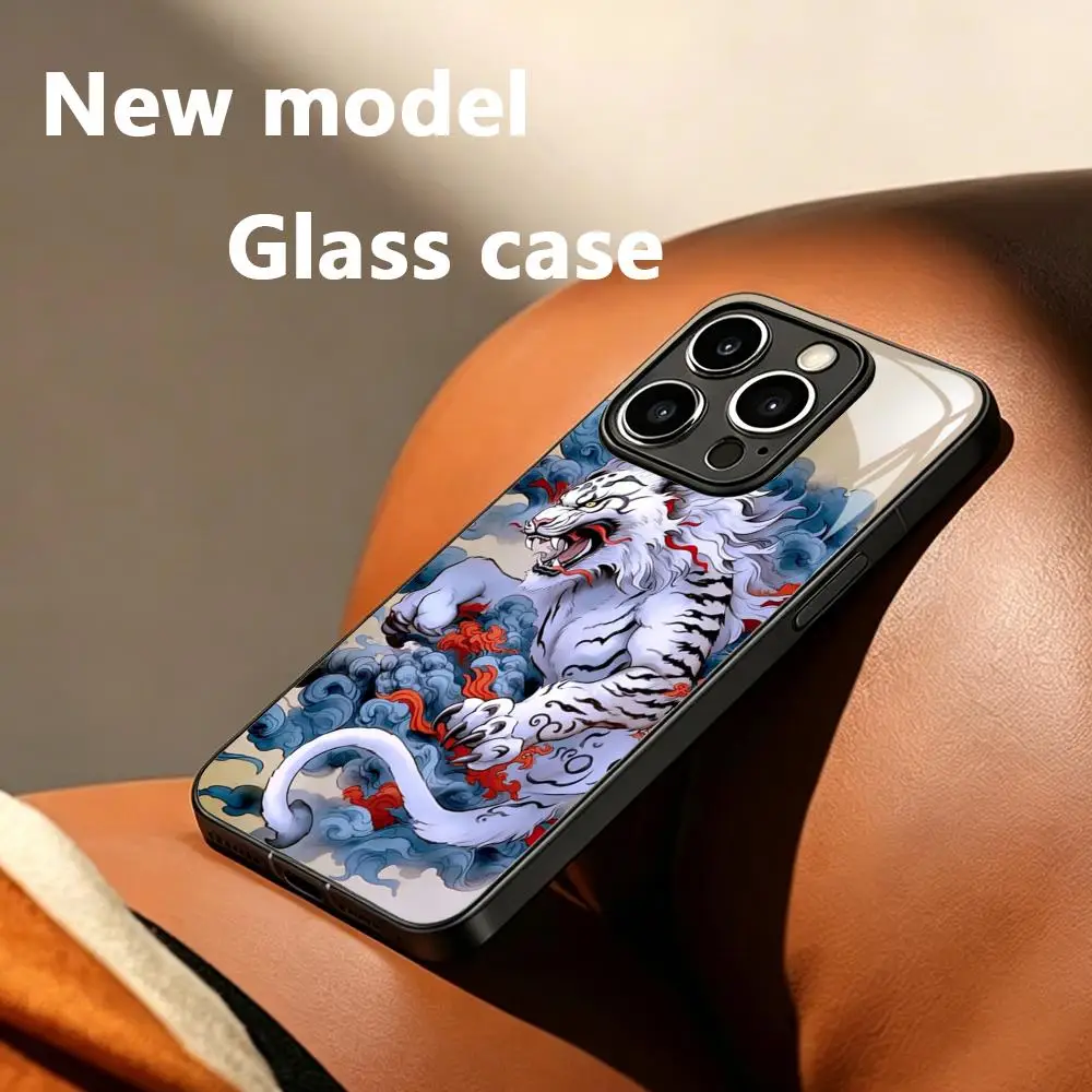 Фото Элитный модный чехол для телефона с изображением белого тигра для iPhone 17 Air, 16, 15, 14, 13, 12, 11 Plus, Mini, Pro, Max, стеклянный магнитный чехол №5