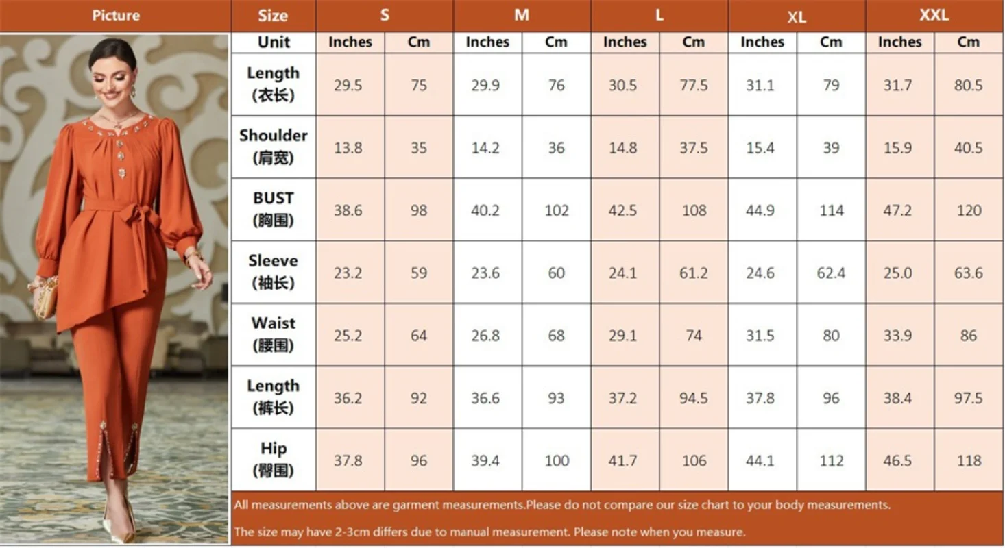Modest Two Piece Sets Round Neck Fashion Diamonds Mermaid Long Top For Muslim Girls  Women's Trouser And Blouse Sets