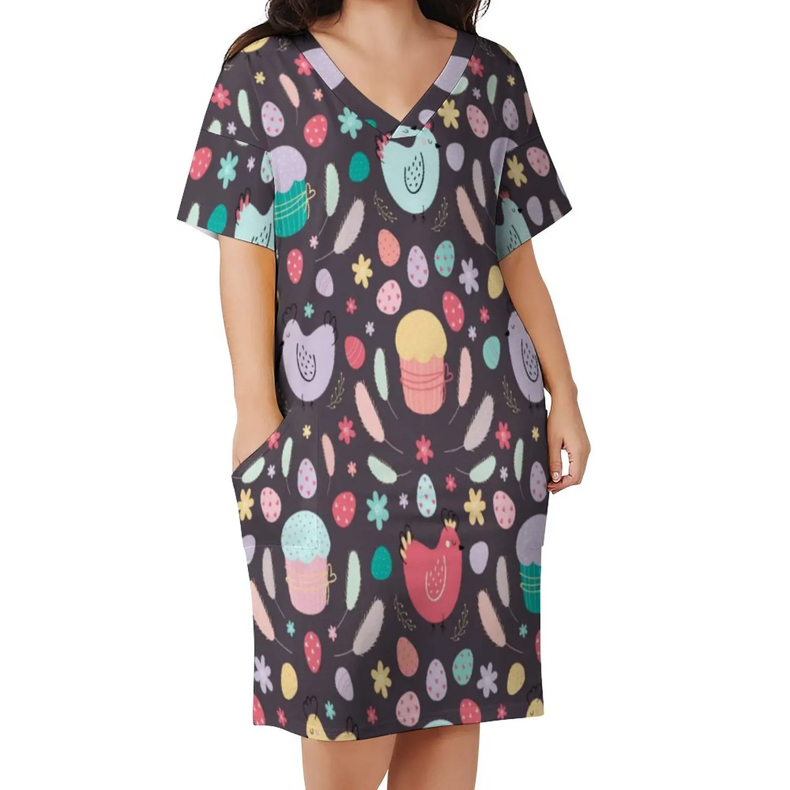 

Cartoon Chicken Casual Dress Women Easter Egg Print Kawaii Dresses Summer V Neck Aesthetic Print Dress Plus Size
