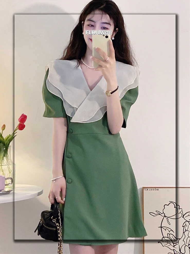 

Женские милые летние платья 2022, зеленые, красные платья с белым воротником для девушек, шикарная французская модная одежда в Корейском стил...