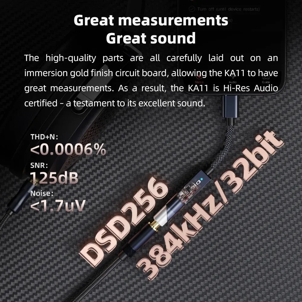 Фото FiiO KA11 Аудиоадаптер USB C на 3,5 мм, 32 бит/384 кГц, тип C на 3,5 мм USB-ключ Hi-Fi ЦАП, усилитель для наушников для Android/Win №3