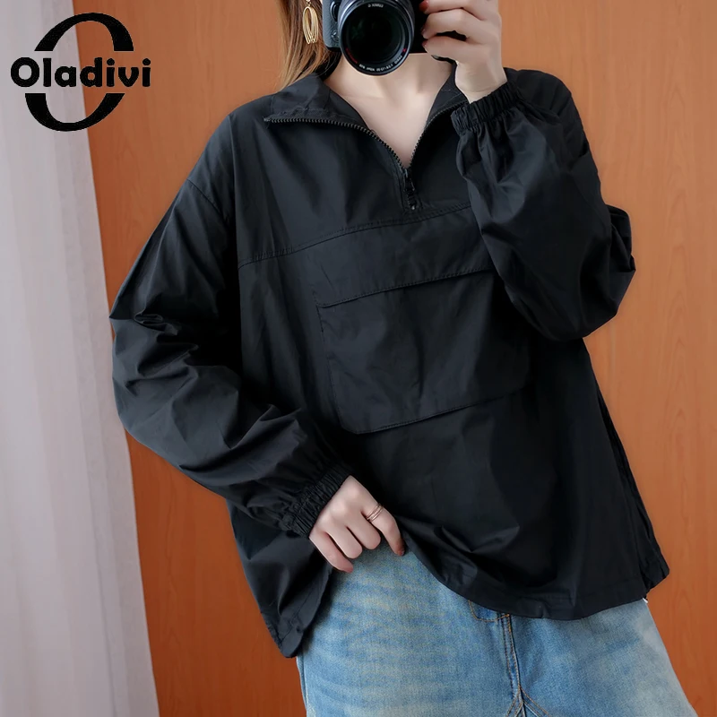 

Oladivi Одежда большого размера блузки с длинным рукавом 2022 Весна Осень Новая мода Женская Повседневная Свободная рубашка черный однотонный топ Туника 901