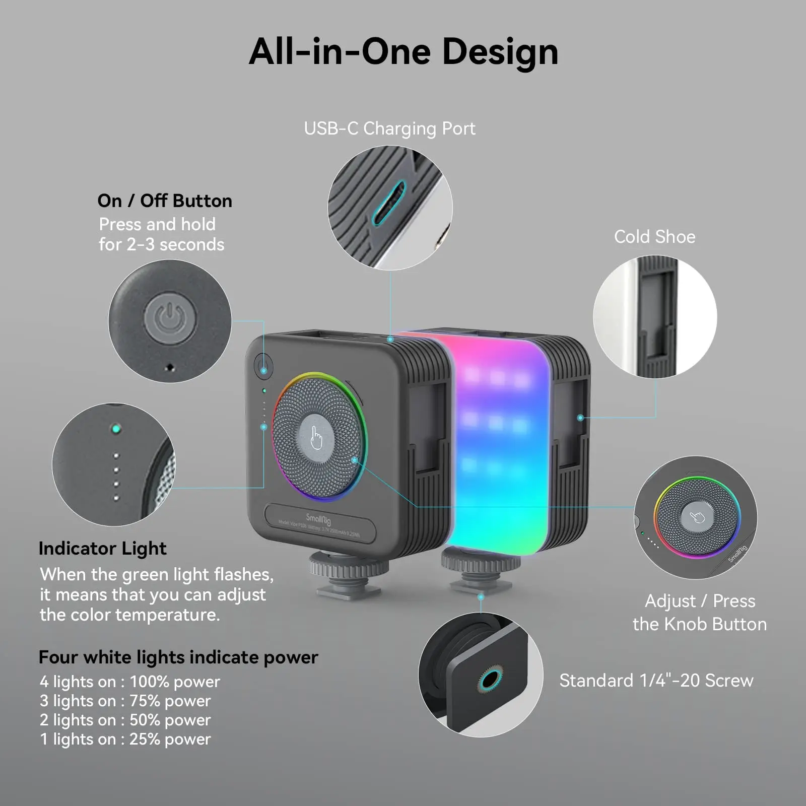 Фото Светодиодный видеосвет SmallRig P108 RGB, портативные LED-лампы для камеры 360° °   Полноцветная фотосъемочная подсветка с 3 креплениями для влогов на YouTube №5