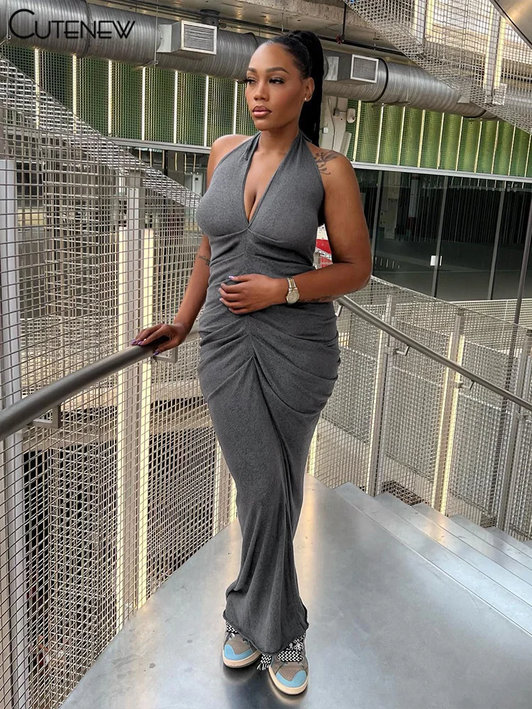 

Cutenew Elegant Solid Ruched Bodycon Maxi Dress Women Sexy Deep V-Neck Halter Lace Up Backless Straight Slim Robe Lady Partywear