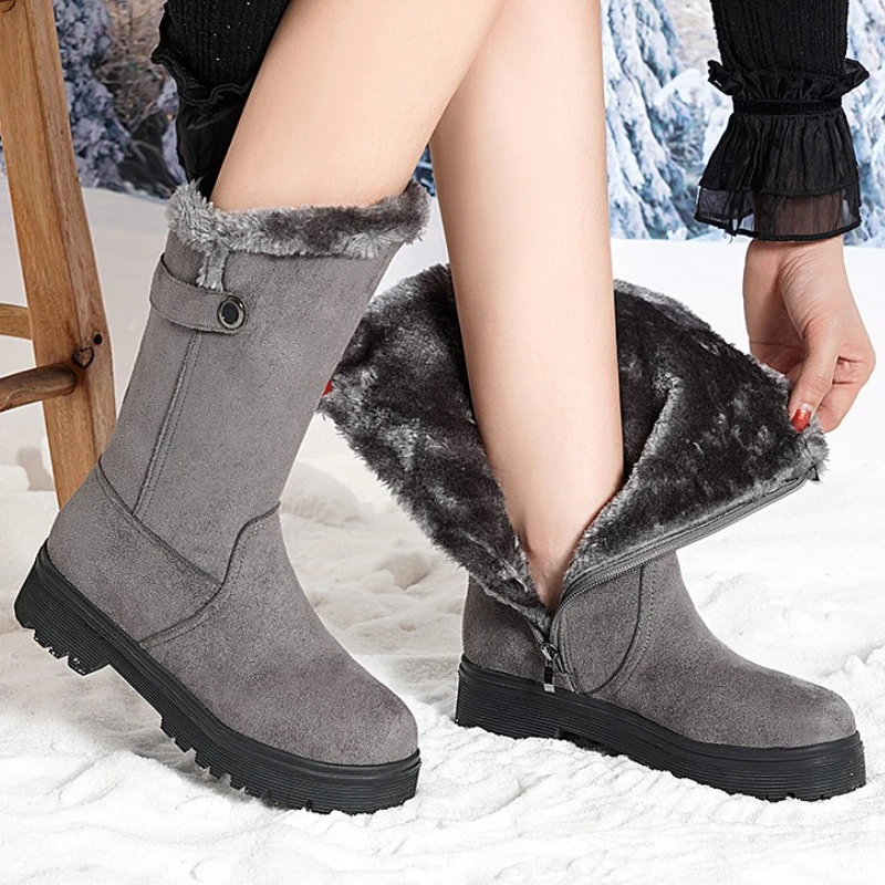 Warm Thick Plush Mid-boots Women's Winter High Heels Thick-soled Snow Boots Women's Large Size Flocking Zipper Boots