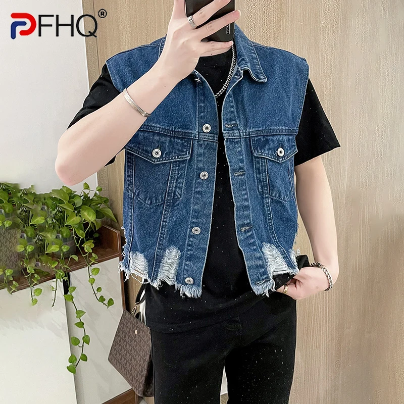 

Уличная одежда PFHQ высокого качества, мужской повседневный джинсовый жилет, стильная новинка 2023, асимметричный нишевой дизайн, куртка без ру...