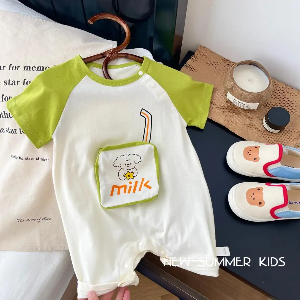 

2023 летняя одежда для младенцев мальчиков пэчворк с карманами печатные буквы Puulover Комбинезон хлопковый с коротким рукавом Детское Боди Baoys