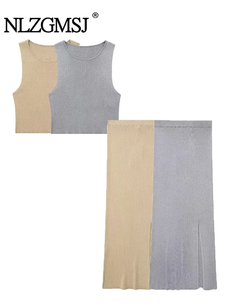 

Женский комплект из двух предметов Nlzgmsj TRAF 2023, трикотажный короткий топ и длинная юбка миди, повседневные элегантные облегающие осенние комплекты для женщин