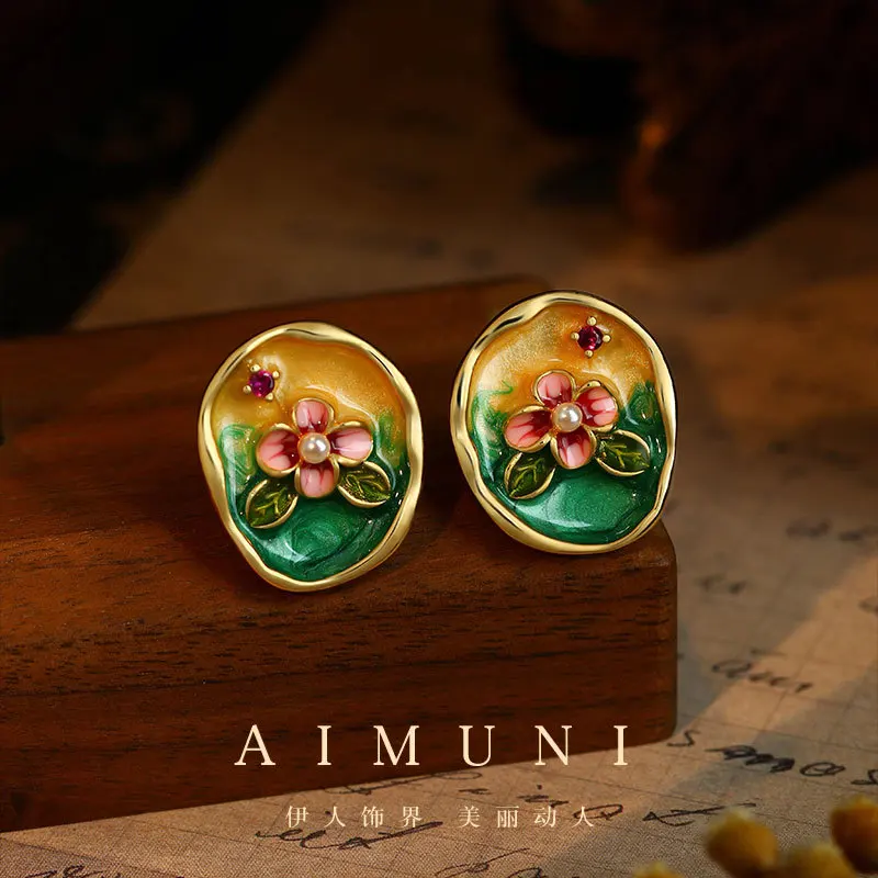 Картина маслом Моне Сад Медь Покрытие Настоящее Золото Эмаль Цветные Серьги