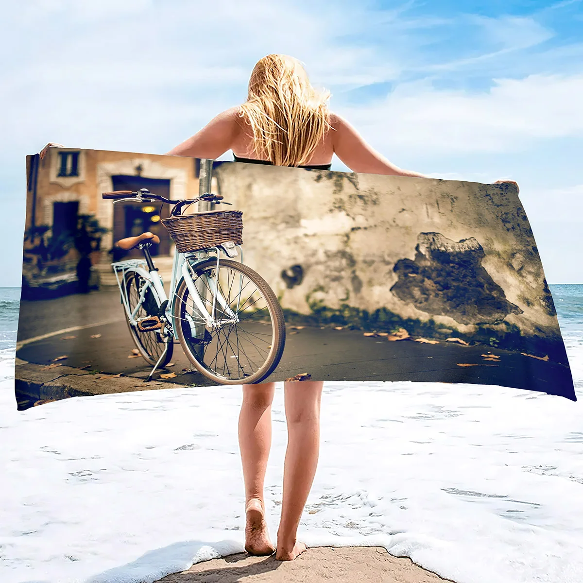 

Bicycle Bike Print Beach Towel Super Soft Absorbent Fade Resistant Polyester Bath Towels Fingertip Towels for Bathroom Hotel Gym