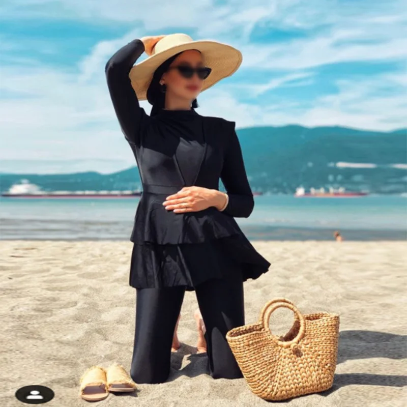 

Three Pieces Muslim Swimwear 2021 Women Whole Black Ruffle Plus Size Muslim Swimsuit Burkini With Bra Padding