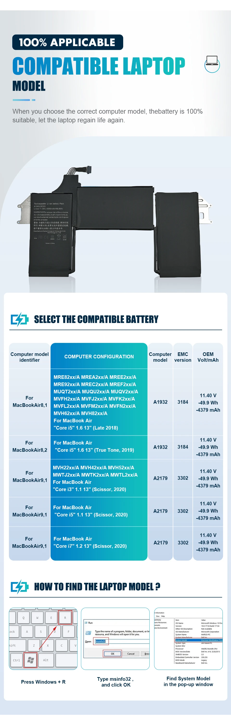 Аккумулятор A1965 для APPLE MacBook Air 13 дюймов A1932 2018 2019 год A2179 начало 2020 года EMC 3184 EMC3302