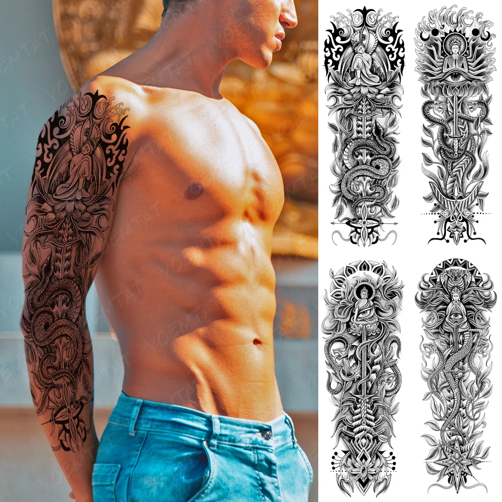

Водостойкая Временная тату-наклейка на руку, статуя лотоса, Будды, змеи, глаза, тотем, имитация татуировки для боди-арта, для женщин и мужчин