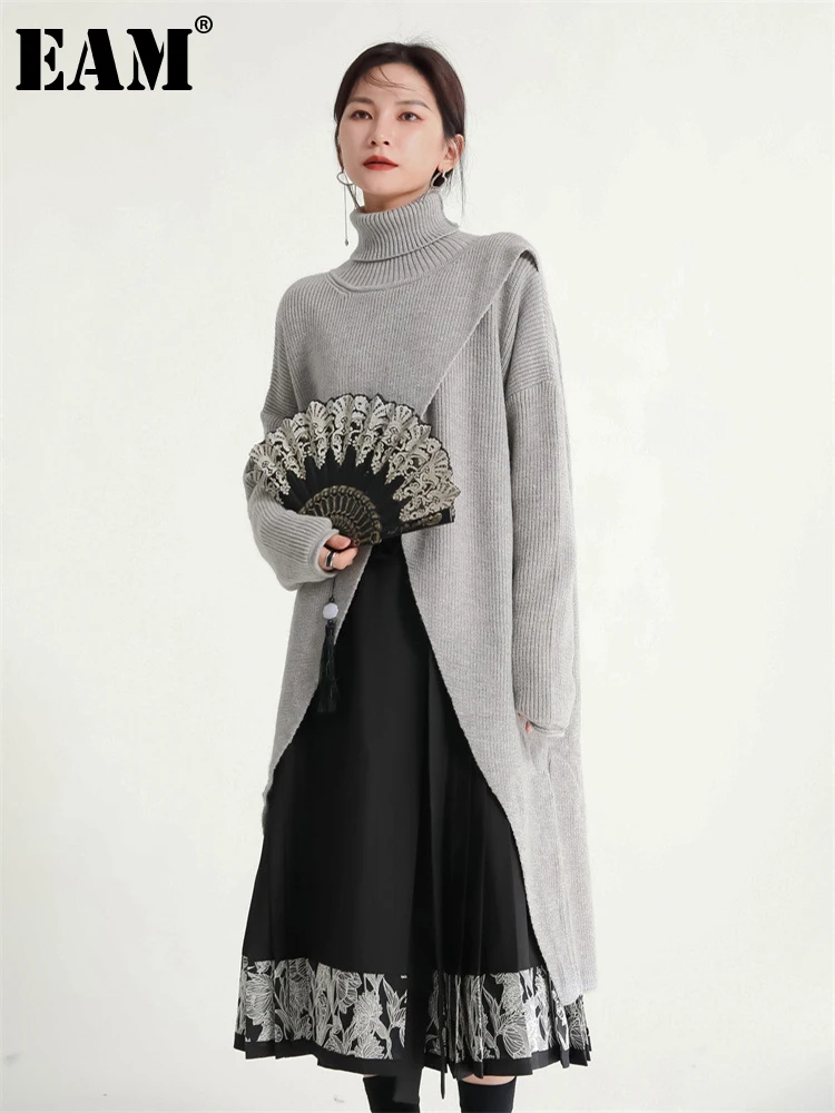 

[EAM] Gray Long Big Size Slit Knitting Sweater Turtleneck Long Sleeve Women Pullovers New Fashion Autumn Winter 2023 1DF2000