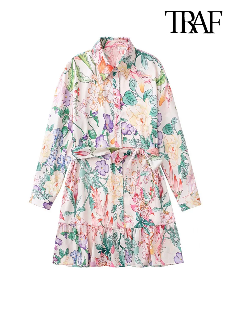 

Платье-рубашка женское с поясом, цветочным принтом и рюшами