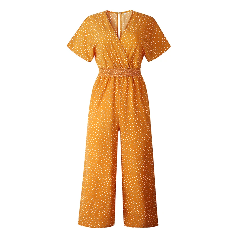 Womens Boho Holiday Jumpsuit V Neck Short Sleeve Playsuit Wide Leg Cropped Pants Romper Cropped Pants Overall Boho Wide Leg