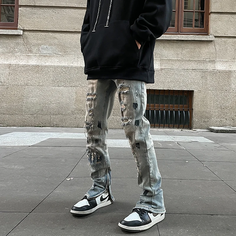 

Men Jeans Hip-hop High Street Hole Washing Old Split Straight Y2k Pants Loose Jeans Korean Fashion Street Jeans Boyfriend Jeans