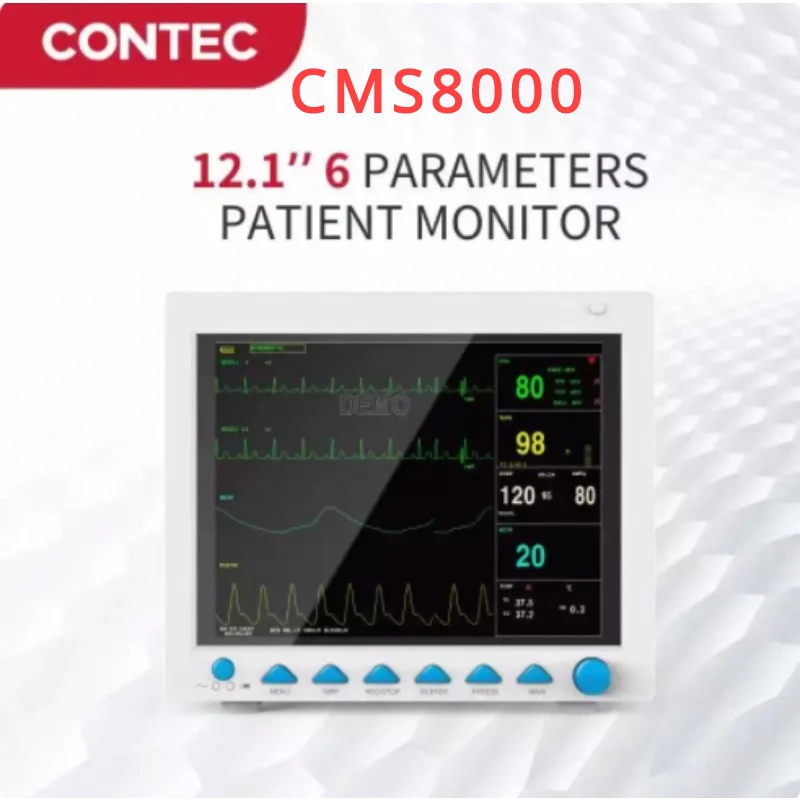Фото Монитор пациента CONTEC CMS8000 с 6 параметрами, 12,1-дюймовый дисплей, для отделений интенсивной терапии (ОИТ) и кардиореанимации (КРУ), с функциями измерения SpO2, частоты сердечных сокращений, дыхания, температуры, ЭКГ, ЧСС (ETCO2/IBP/опция принтера) №1