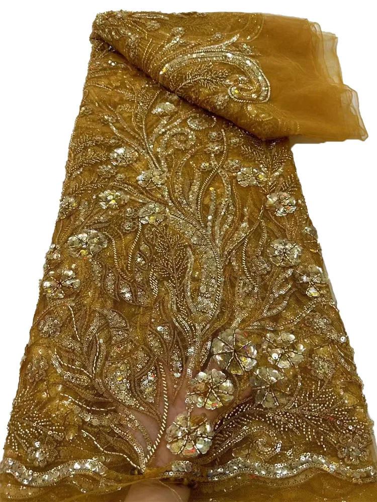 

Gold Sequins French Tulle Lace Fabric African With Beads Embroidery African Lace Fabric 2023 High Quality Dress for Women YY305