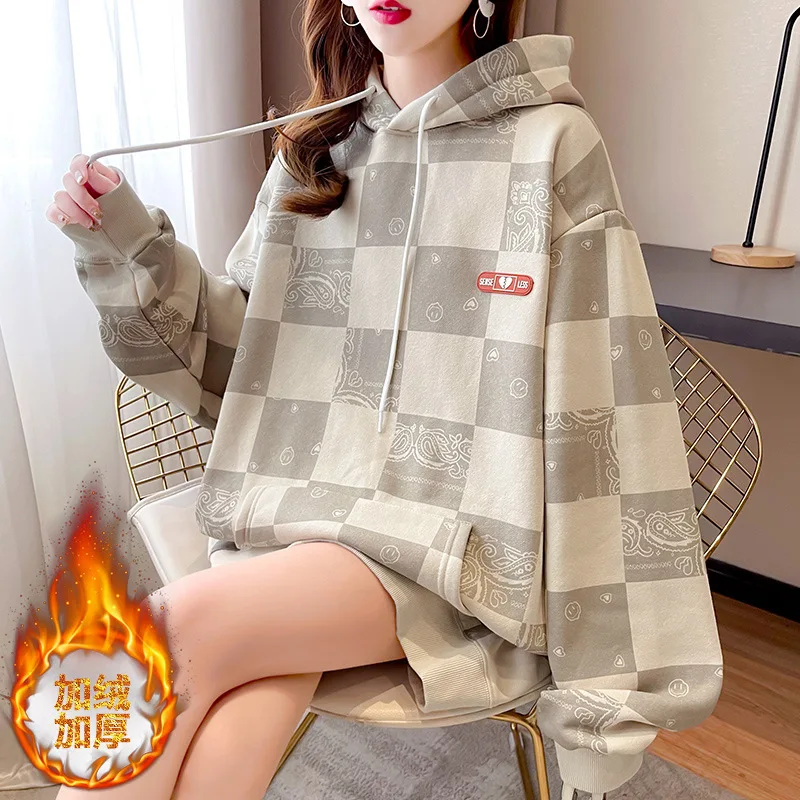 

Женский плотный свитер с капюшоном, новинка осень-зима 2021, Женская свободная и теплая плюшевая Блузка в клетку, женский свитер с капюшоном