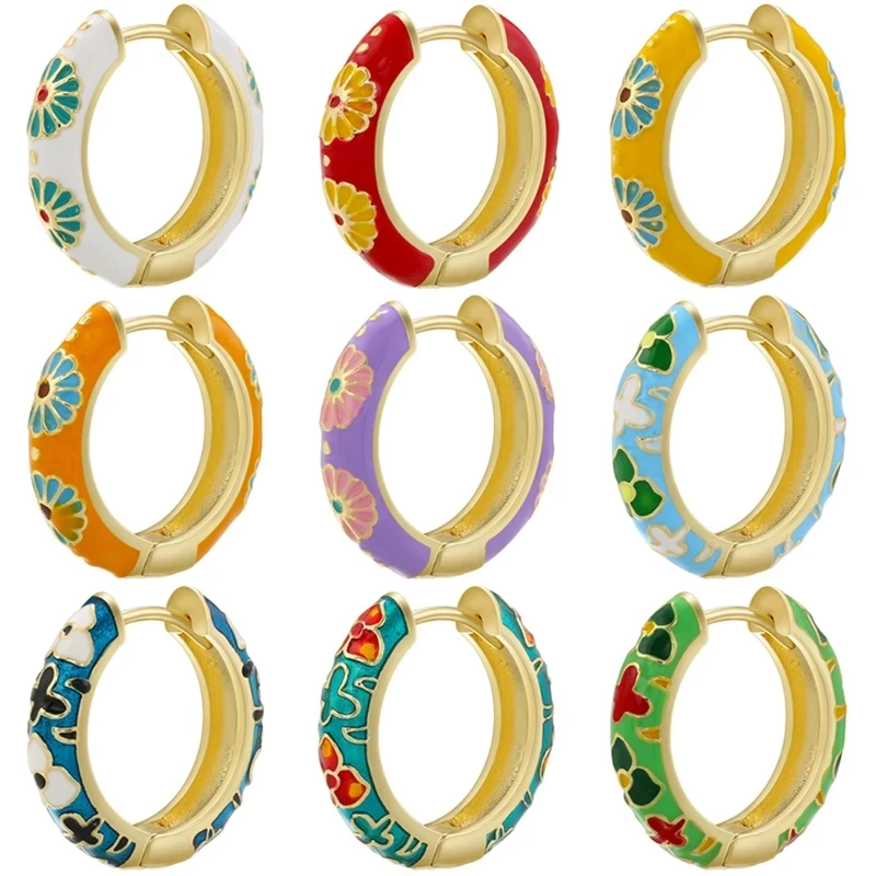 

ZHUKOU Retro Little Daisy Hoop earrings Gold color enamel Hoops women Colorful women Round huggie earrings wholesale VE843