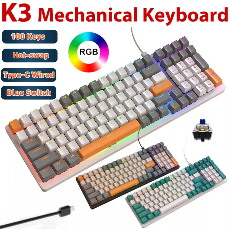 Механическая клавиатура, игровая клавиатура Machenike K3 USB Type-C, проводная клавиатура с 100 клавишами, проводная клавиатура с RGB светильник кой для ...