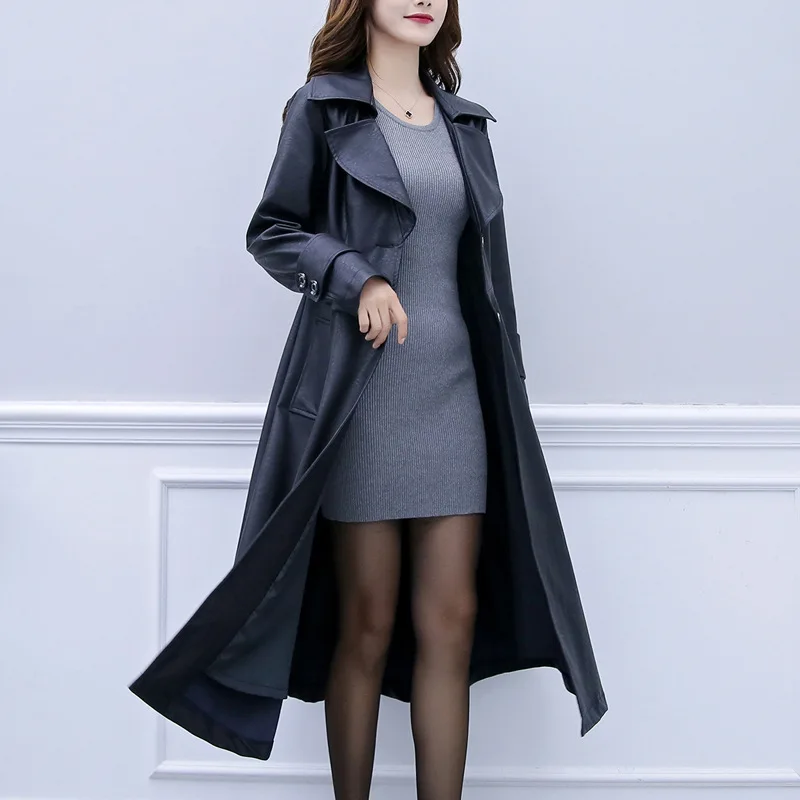 Spring and Autumn New Long Black Soft Artificial Leather Women's Long Sleeve Button Slim Elegant Comfortable Versatile Jacket