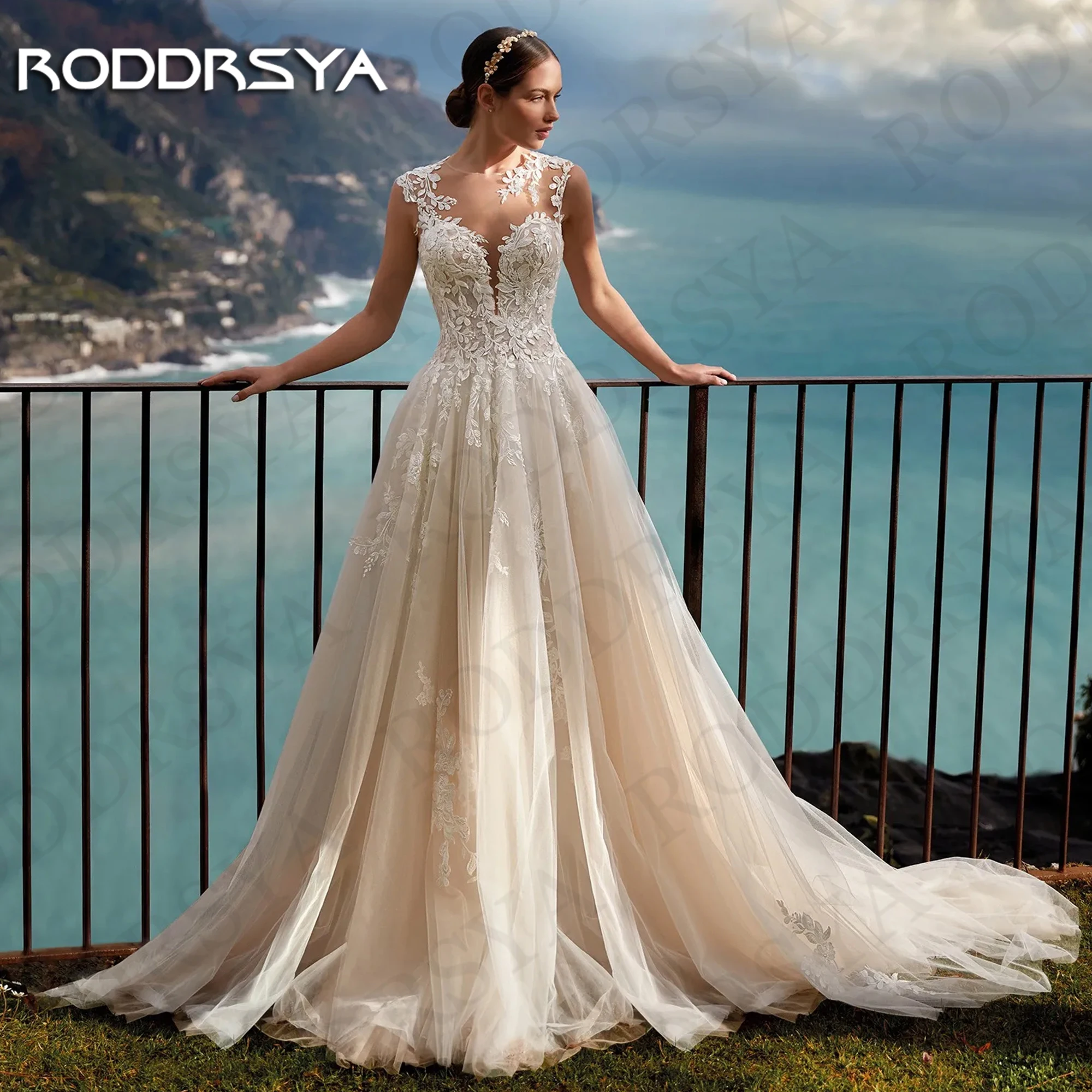 Фото Роскошное Свадебное платье с иллюзией RODDRSYA, 2024, Кружевная аппликация для невесты без рукавов, трапециевидная юбка, индивидуальный пошив, женское платье Роскошное свадебное платье с иллюзией 2024 невесты  Кружевно №1