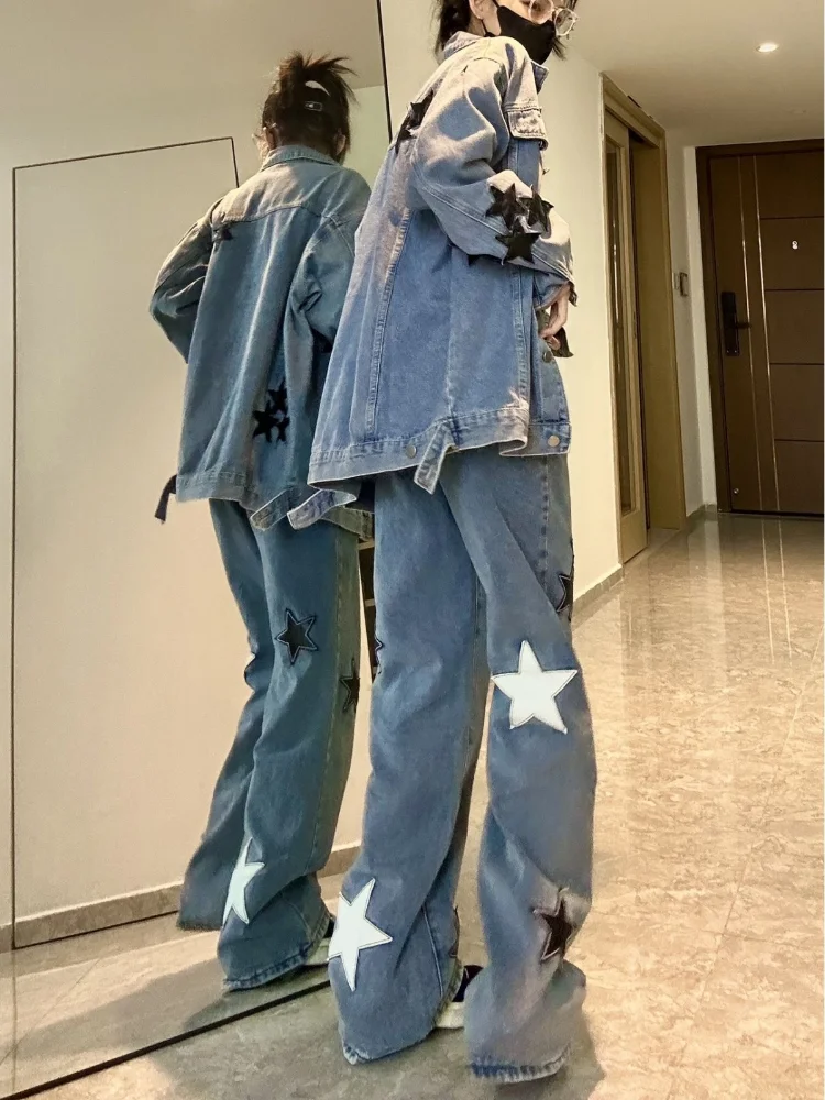 Deeptown Y2k American Retro Denim Pants Women Vintage Gothic Goth Punk Star Print Straight Trousers 2023 Autumn Fashion New In