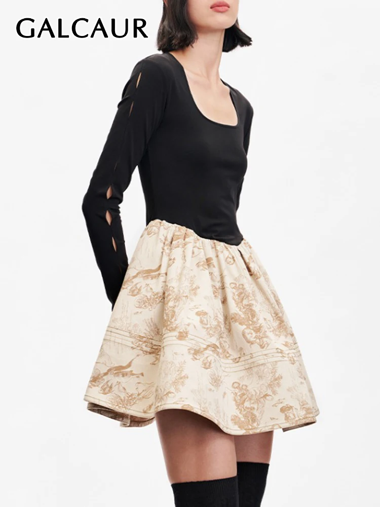 

GALCAUR Patchwork Hit Color Dresses For Women Square Collar Long Sleeve High Waist Print Casual Dress Female Summer Clothes 2022