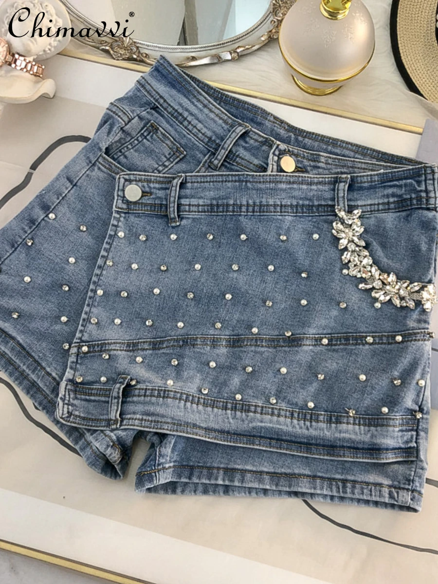

Streetwear Design Exquisite Rhinestone High Waist Slim Denim Shorts 2022 Summer New Irregular All-Match Hip-Wrapped Short Pants
