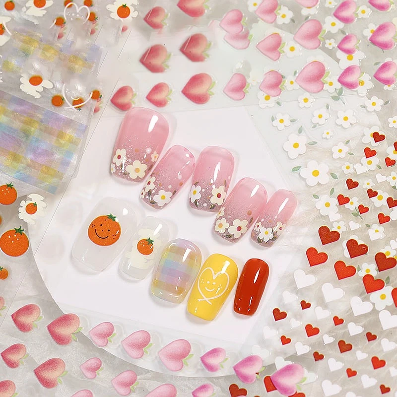 

Nail Sticker Kawaii Smile Rainbow Daisy Flower Heart Rainbow Cloud Peach Art Stickers Korean DIY Adhesive Decal Manicure Decor