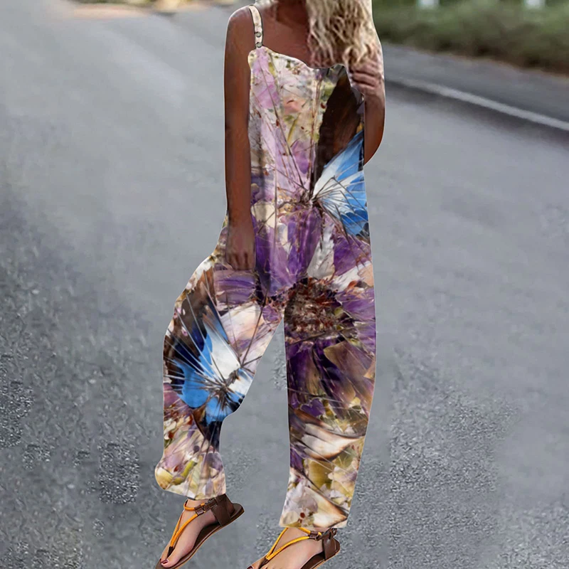 

Женский комбинезон с цветочным принтом, винтажный комбинезон на бретелях-спагетти без рукавов, свободного покроя