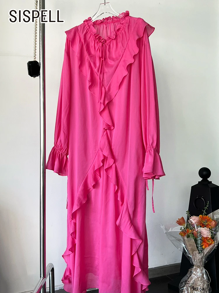 

SISPELL Irregular Solid Midi Dress For Women Round Neck Long Sleeve Loose Ruffle Trim Dresses Femlae Spring Clothing Style 2022
