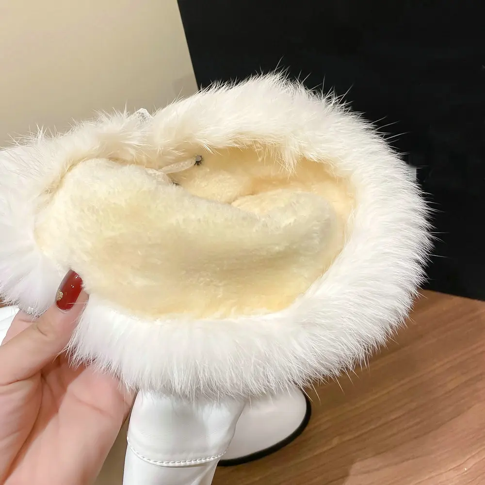 Lolita Real Rabbit Fur Decoration Women Winter  Warm Boots Round Toe Ladie Over the Knee Bootie Half Zipper Girls Sweet Shoes