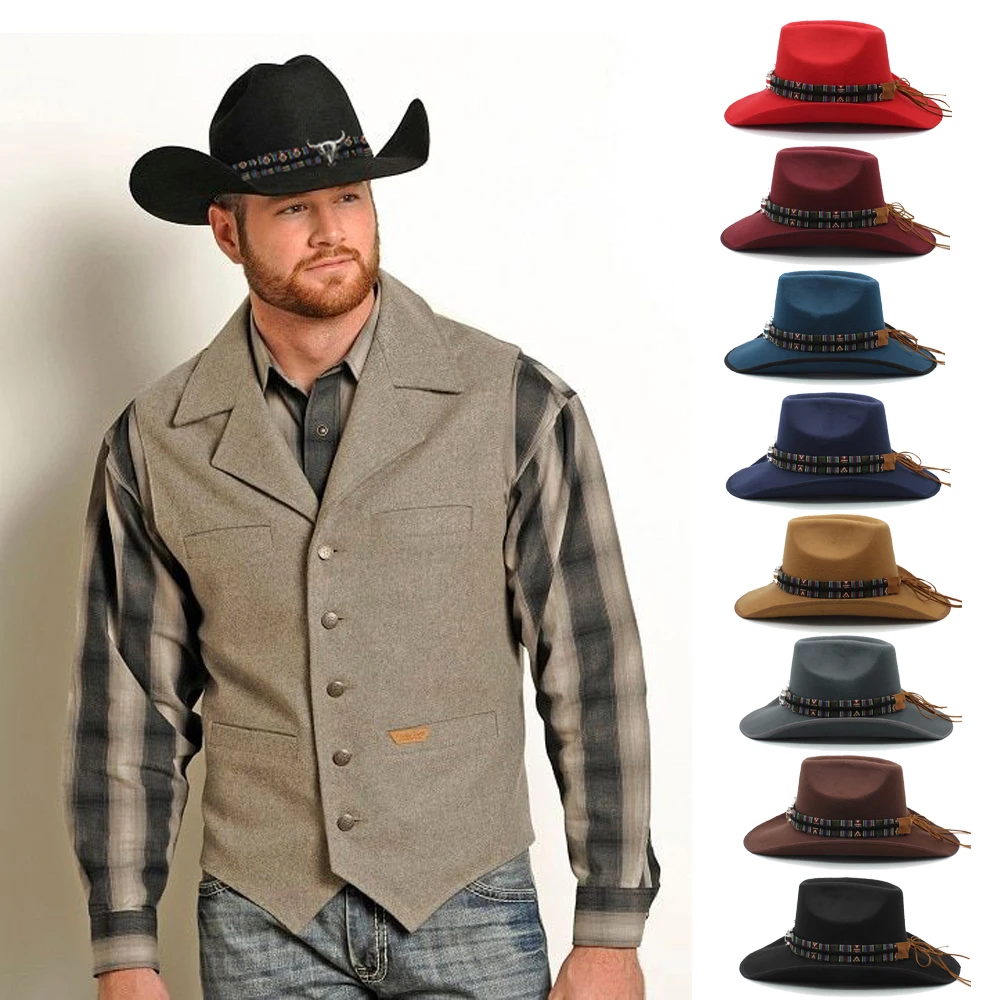 

Men Women Woolen Western Cowboy Hats Wide Brim Sunhats Party Travel Sombrero Outdoor Caps Classical Retro US Size 7 1/4 UK L