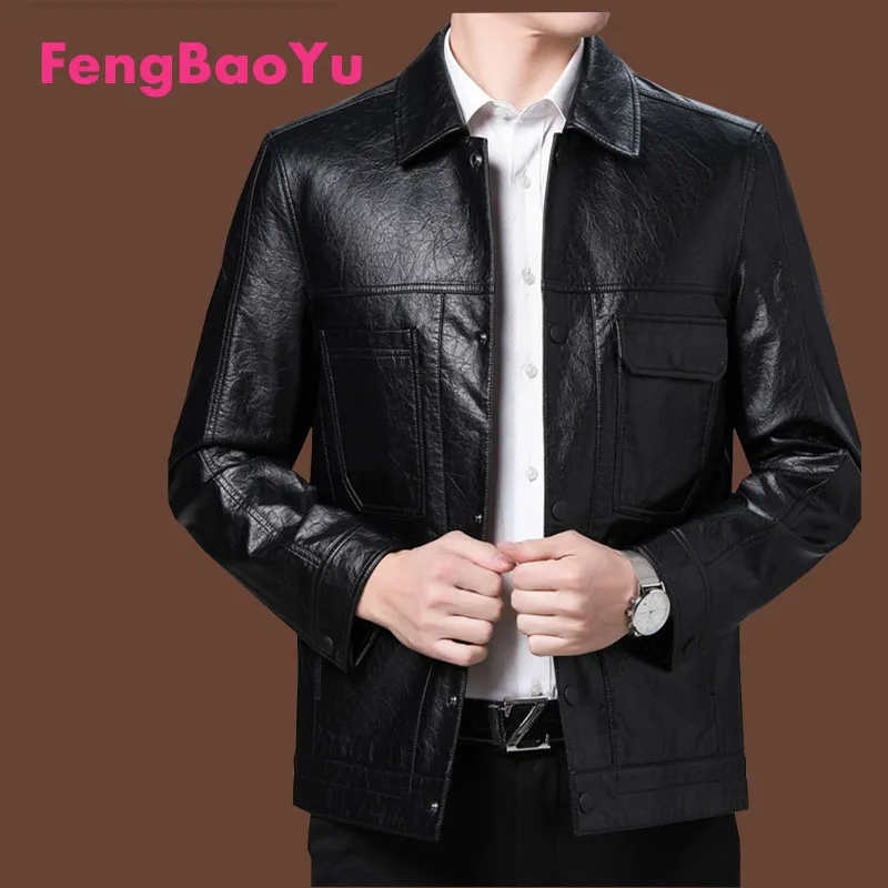 

Fengbaoyu Men's Short Lapel Leather Coat Spring Autumn Coat Business Casual Leather Jacket Medium Youth Black Jacket Comfortable