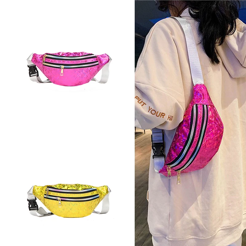 2023 Wholesale Designer Hologram Fanny Pack Sling Chest Bag Belt Hip Bag Casual Cross Body Pouch Waist Bag Silver For Women