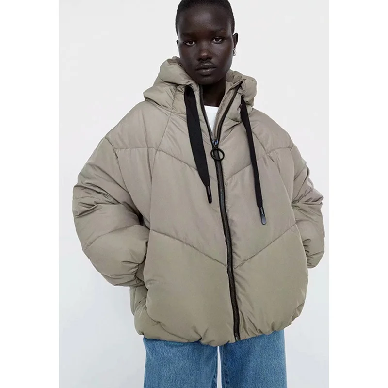 

Women Light Brown Down Jacket Lace Hooded Coat Fashion Zipper Windproof Thicken Warm Casual Puffer Padded Outwear Tops Winter