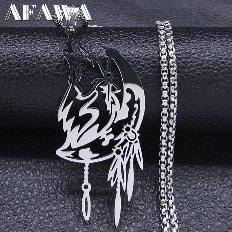 

Celtic Wolf Howling Moon Dream Catcher Necklace Stainless Steel Silver Color Animal Pendant Necklaces Jewelry collares N4624S01