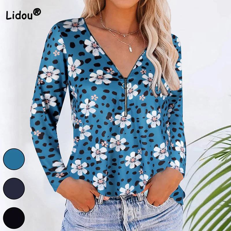 Available in Three Colors Zipper Patchwork V-Neck Floral Printing Long Sleeve Slim T-Shirt Spring Autumn Fashion Women's Tops