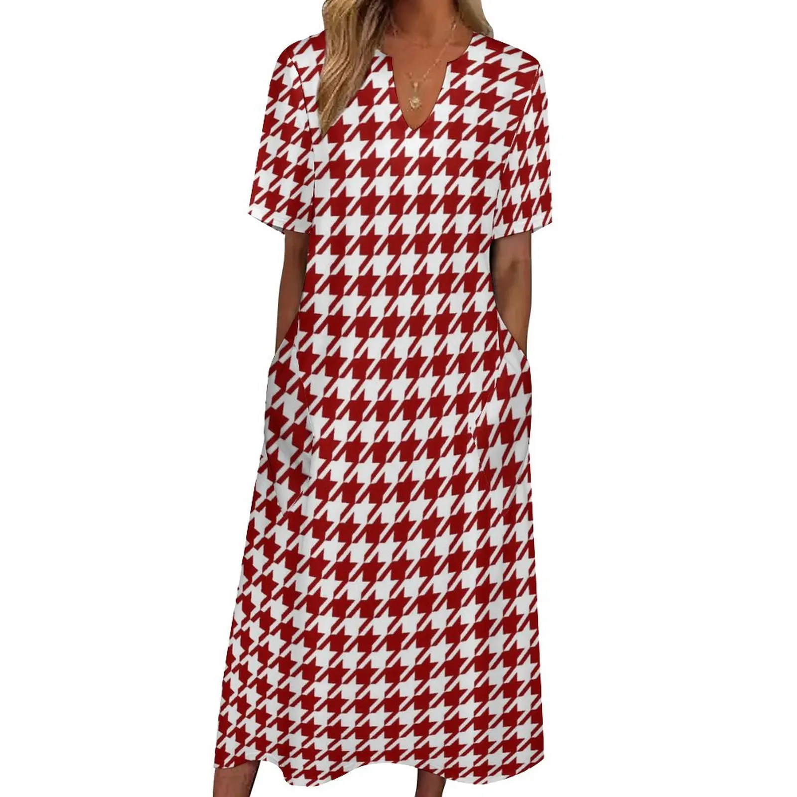 

Houndstooth Dress Summer Red And White Aesthetic Boho Beach Long Dresses Women Graphic Kawaii Maxi Dress 3XL 4XL 5XL