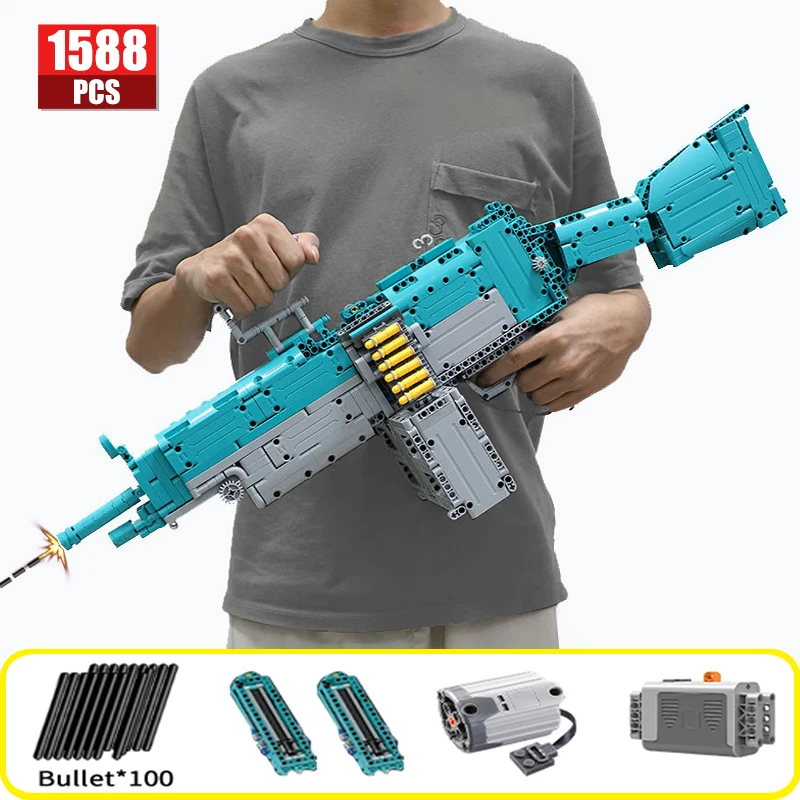 

1588 Pcs WW2 M249 MP5 Electric Machine Gun Building Blocks City Weapon Military War Bricks Can Emission Bullet Guns Toys for Boy