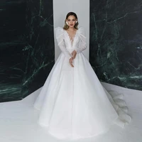 2022 luxury a line wedding dress with puffy long sleeve deep v neck bridal gowns open back appliques organza modern bride dress