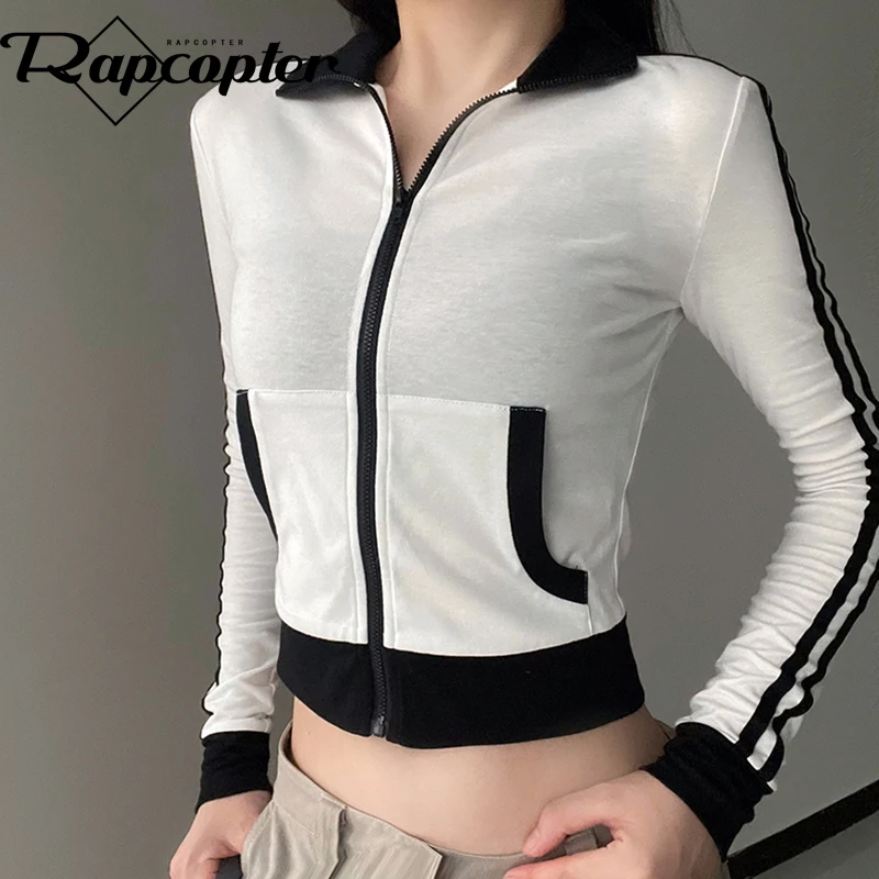 

Rapcopter Patchwork y2k Crop Top Turn Down Collar Full Sleeve Pockets Zipper Cardigans Women Harajuku Basic Biker Tee Korean New