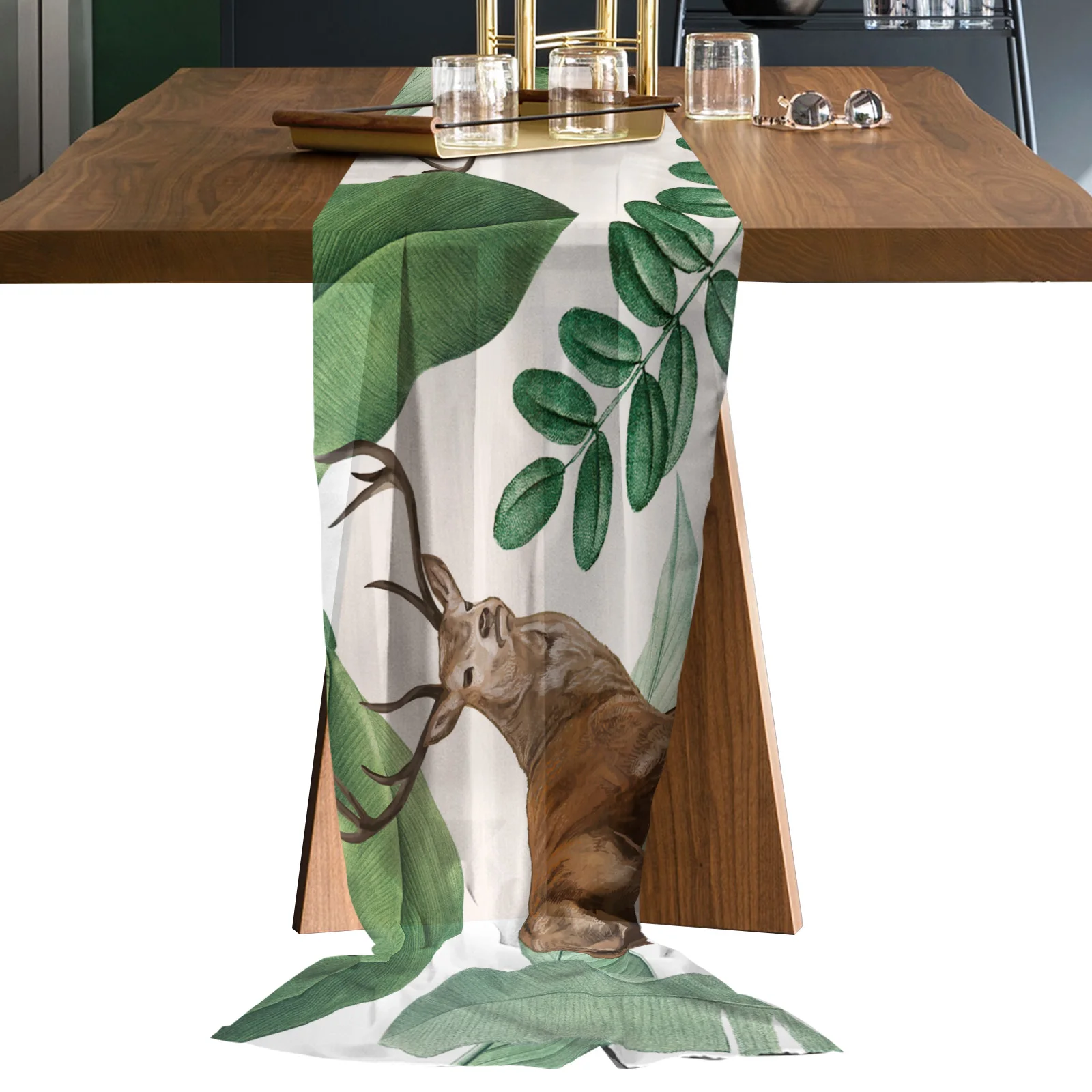 

Nordic Tropical Plants Deer Animal Chiffon Table Runners Wedding Party Decor Tablecloth Gauze Table Runner for Home Coffee Table