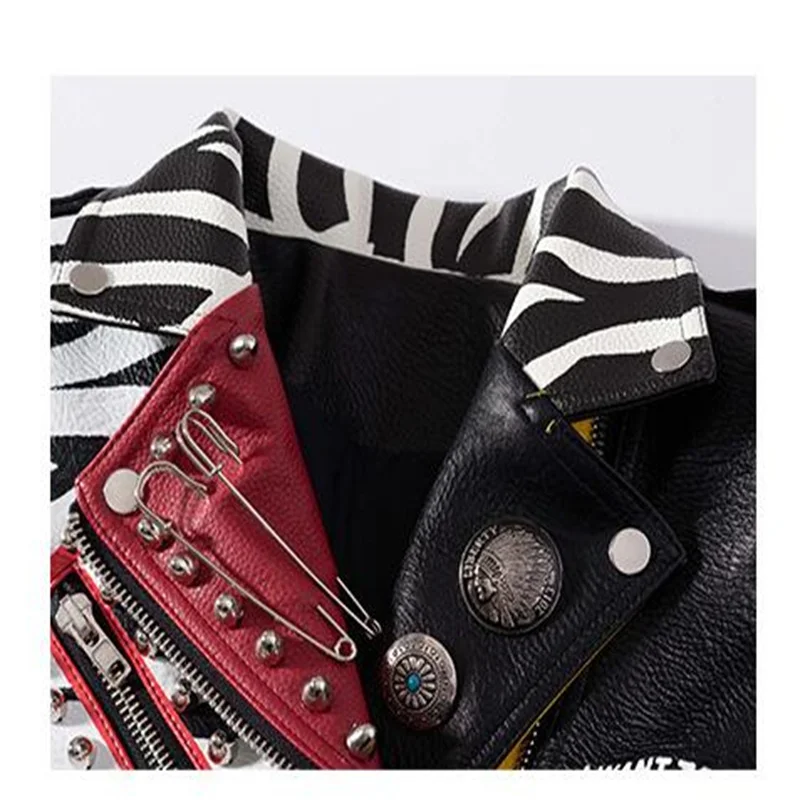 Rivets women leather jackets European American fashion motorcycle coats personality graffiti contrast color short slim-fit cloth enlarge