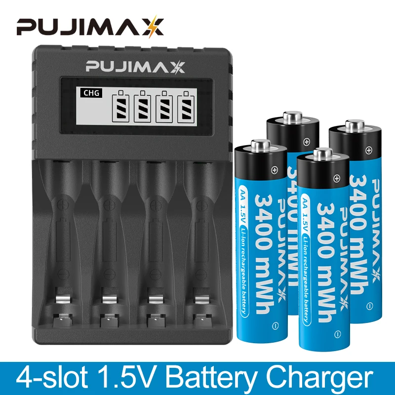 

PUJIMAX AA 1.5V 3400mWh Rechargeable Lithium Li-ion Battery+4-slot LCD Smart Display 1.5V Battery Charger For Microphone Toys